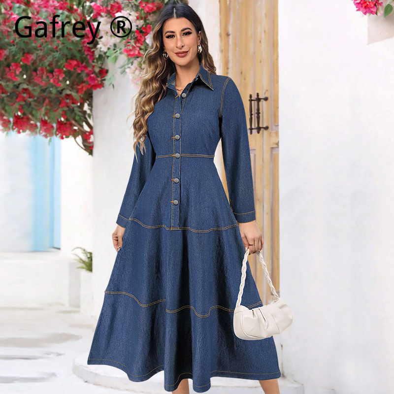 Belted Shirt Dress - เดรสยีนส์แฟชั่นใหม่ แขนยาว ปกเสื้อเชิ้ต รัดเอว มีเข็มขัด ทรงแม็กซี่
