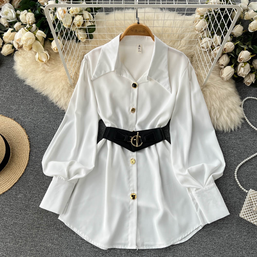 Belted Shirt Dress - กระโปรงเอวสูงทรงเข้ารูปสำหรับผู้หญิง ดีไซน์เกาหลี แฟชั่นสำหรับเดินทาง ระบายอากาศได้ดี ผลิตจากโพลีเอสเตอร์