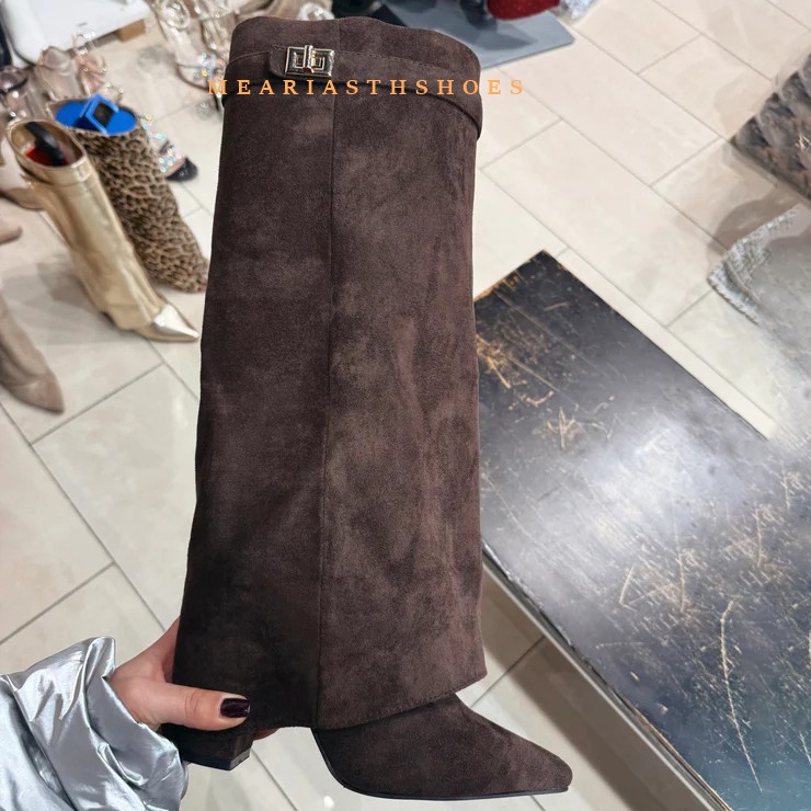 Women'S Fashion Winter 2025 - รองเท้าบูทส้นหนาทรงสูงถึงเข่า ปลายแหลม หนัง PU สีดำ สำหรับผู้หญิง