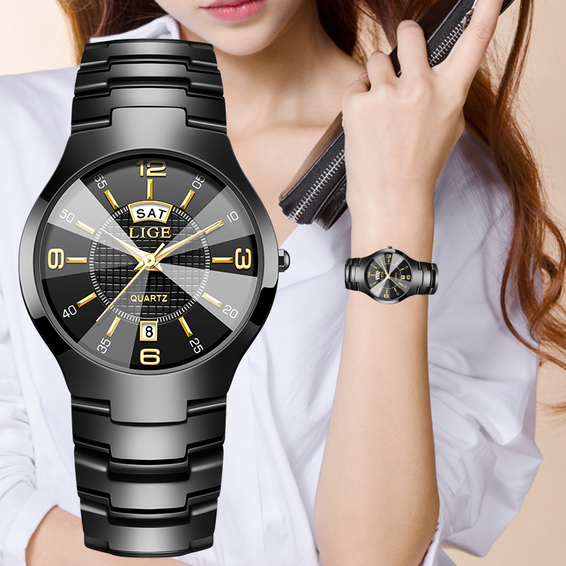 Women Fashion Simple - นาฬิกาข้อมือผู้หญิง LIGE แฟชั่นหรูหรา สายเซรามิก แสดงวันที่และวันในสัปดาห์ กันน้ำ
