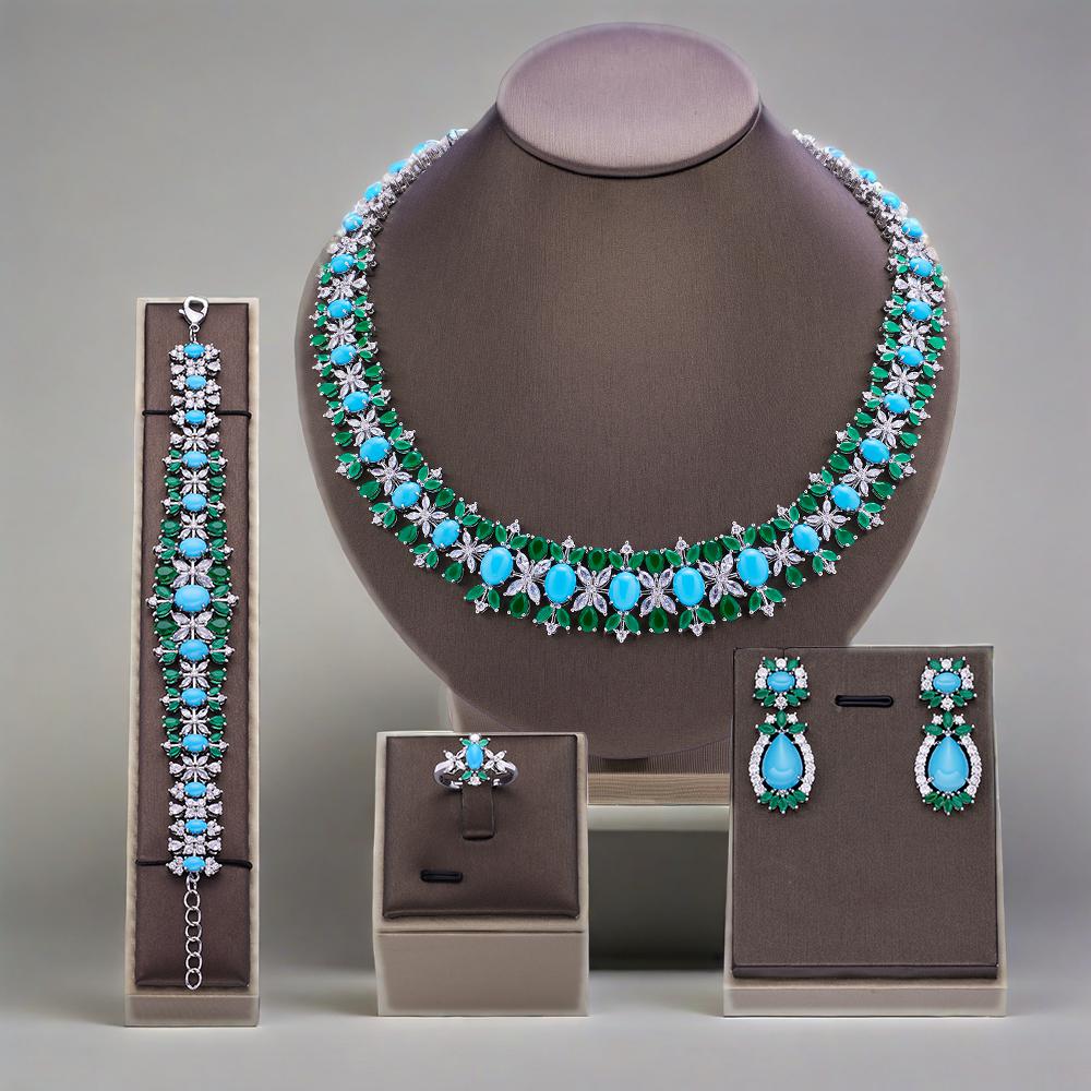Women Fashion Uae - Luxury Turquoise CZ เครื่องประดับงานแต่งงานเจ้าสาวชุด Brilliant Zirconia
