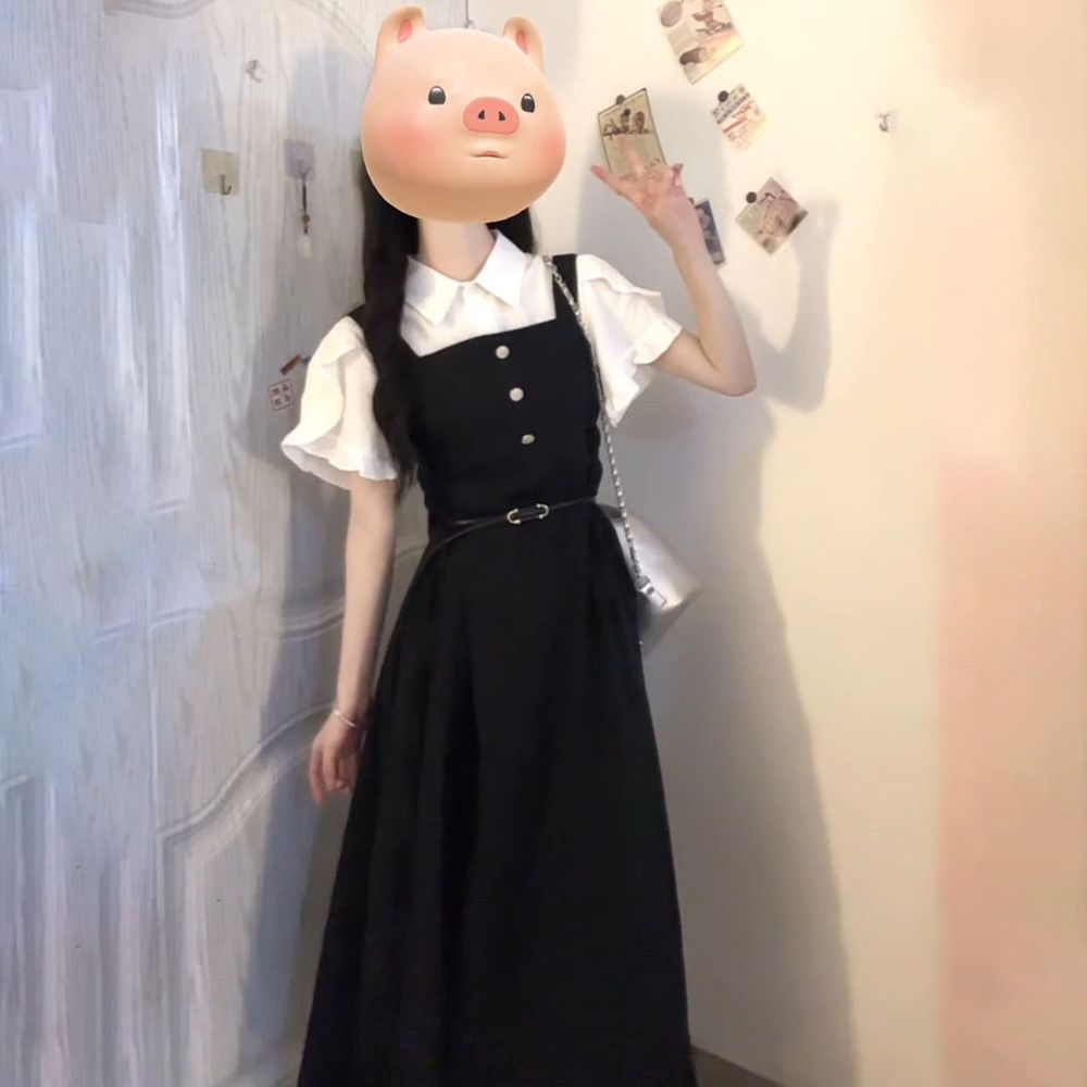 Belted Shirt Dress - ชุดเดรสสีดำสไตล์ญี่ปุ่นแสนหวาน เสื้อเชิ้ตผู้หญิง ชุดสองชิ้น คอปกผูกโบว์ ไม่มีเข็มขัด รัดเอว