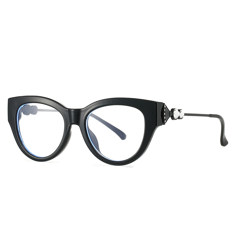 Women'S Fashion Glasses With Clear Lenses - แฟชั่นผู้หญิงแว่นตาอ่านหนังสือกรองแสงสีฟ้าเลนส์ CR39 กรอบตาแมวประดับคริสตัลระยิบระยับ +25 +175 +225