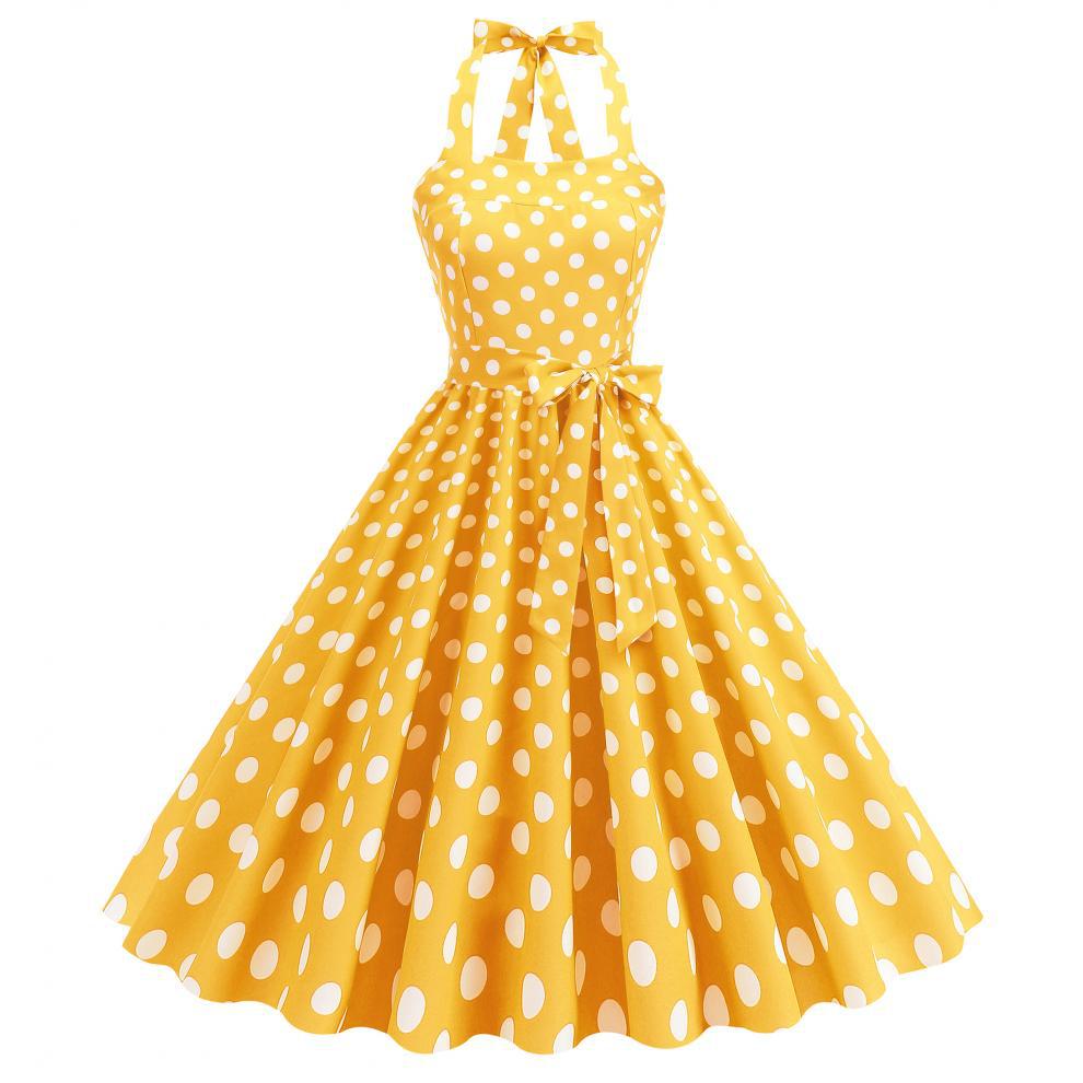 Women'S Fashion In The 50S - เดรสสตรีสไตล์ร็อคอะบิลลี่ย้อนยุค ลายจุดสีเหลือง สำหรับฤดูร้อน ปี 2026 แฟชั่นเซ็กซี่