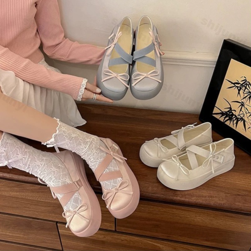 Women'S Fashion Trends 2025 - 2025 ฤดูใบไม้ร่วงใหม่Elegant Bow Designปากตื้นสบายๆหนาSoled Mary Janeสําหรับผู้หญิงแฟชั่นบัลเล่ต์รองเท้าเดียว