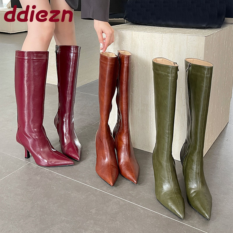 Winter Fashion Women Boots - รองเท้าบูทหุ้มข้อสูงถึงเข่า หัวแหลม สไตล์แฟชั่น สำหรับผู้หญิง ส้นสูง ซิปยาว