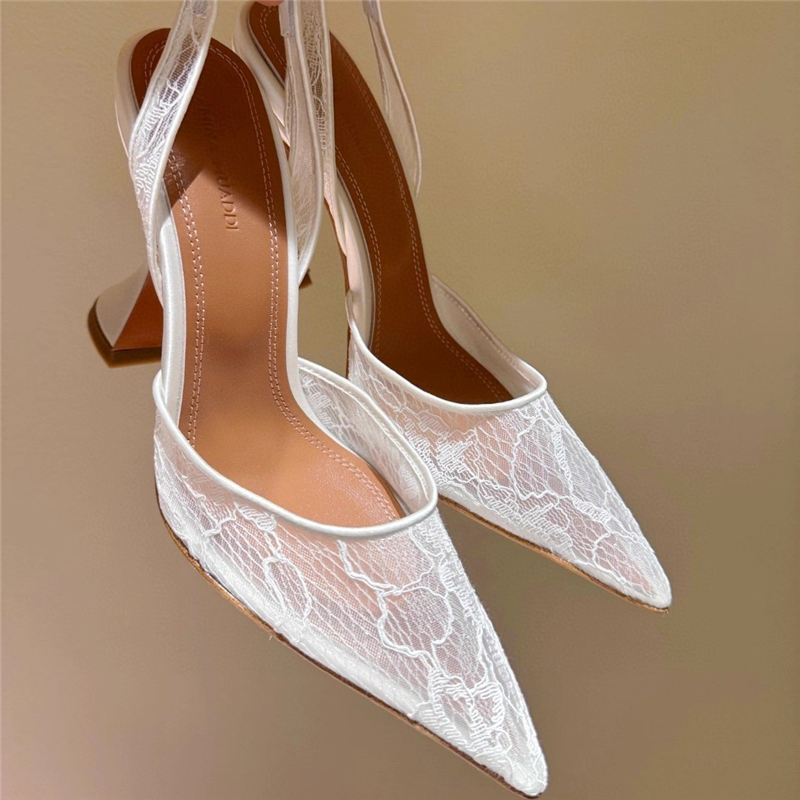 Women Fashion Simple - รองเท้าส้นสูงแบบรัดส้น รุ่นใหม่สำหรับฤดูร้อน ปลายแหลม ผ้าลูกไม้ตาข่าย ส้นทรงแก้วไวน์ รองเท้าสำหรับงานแต่งงาน