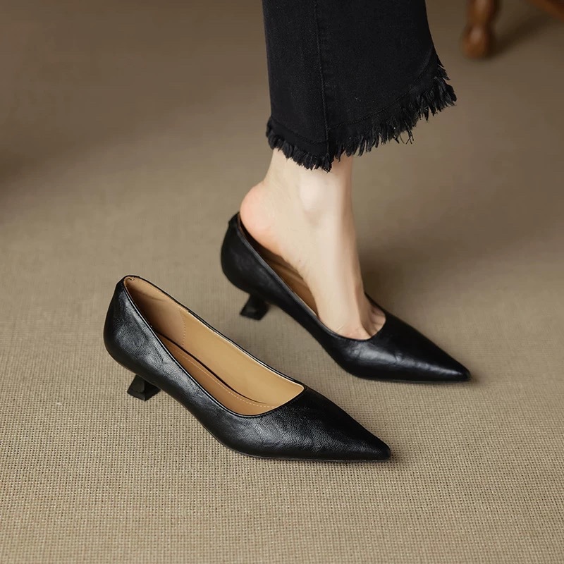 Women Fashion Simple - รองเท้าส้นสูงแบบสลิปออน หนังกลับ แฟชั่นฤดูใบไม้ร่วง ทนทานต่อการสึกหรอ ไม่ลื่น