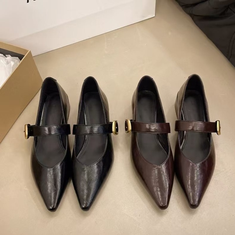 Women Fashion Simple - รองเท้าส้นเตี้ยแบบนิ่มสำหรับผู้หญิง หัวแหลม ส้นหนา สีพื้น เรียบง่าย สวมใส่สบาย