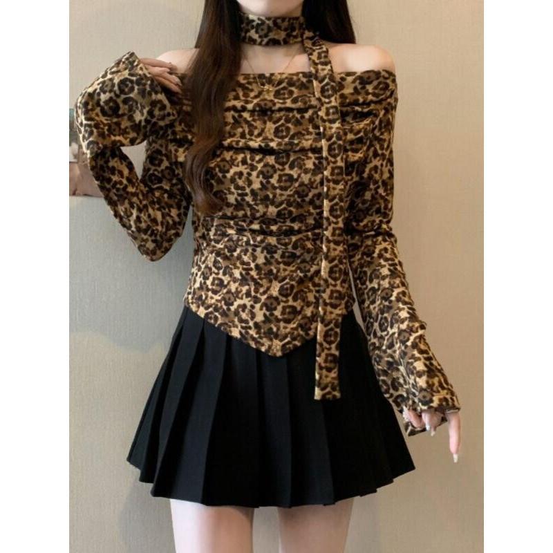 Women'S Fashion Designer Clothes - เสื้อแขนสั้นพิมพ์ลายเสือดาว ดีไซน์ริบบิ้นแบบเปิดไหล่ สไตล์เรโทร สำหรับผู้หญิง ฤดูร้อน เดินทาง