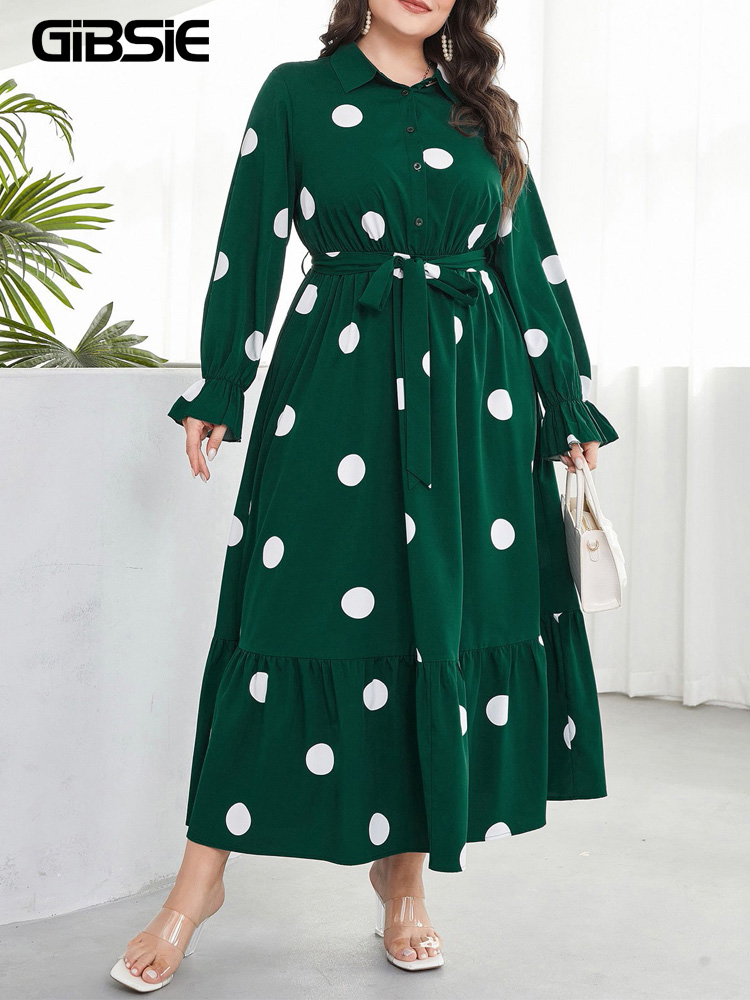 Belted Shirt Dress - เดรสเชิ้ต GIBSIE ไซส์พลัส ลายจุด กระดุมครึ่งตัว มีเข็มขัด