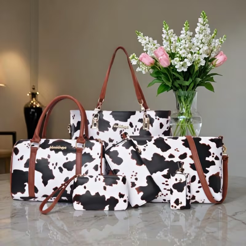 Crossbody Bag Women - ชุดกระเป๋าถือแฟชั่นลายหนังวัว PU 6 ชิ้น ประกอบด้วยกระเป๋าสะพายไหล่ กระเป๋าสะพายข้าง
