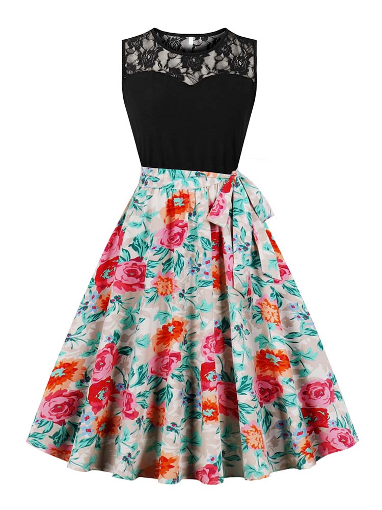Women'S Fashion In The 50S - Elegant High เอวแขนกุดจีบ Midi Dress วินเทจ