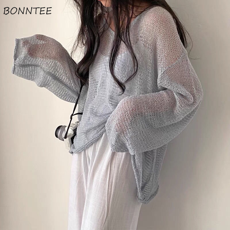 Women'S Fashion Designer Clothes - บาง Pullovers ผู้หญิงถัก Hollow Out ครีมกันแดดฤดูร้อน