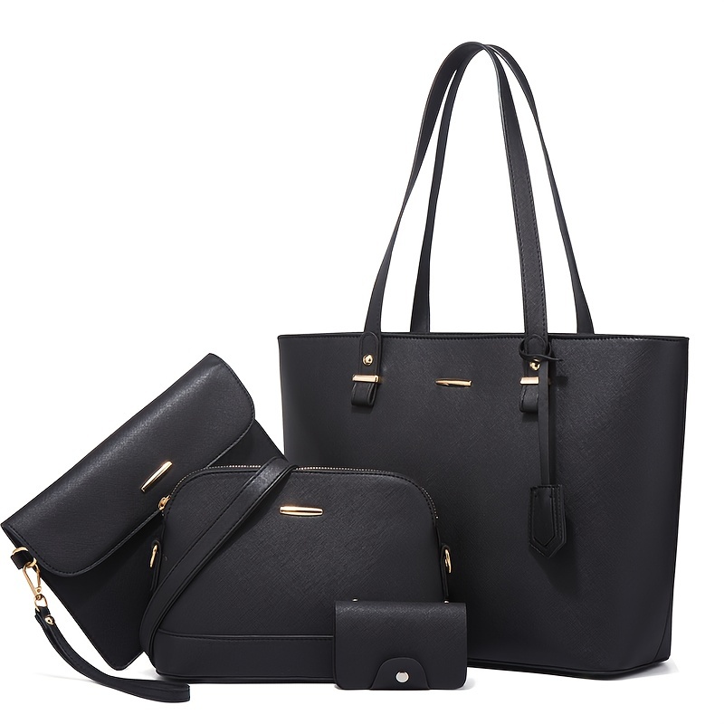 Crossbody Bag Women - ชุดกระเป๋าแฟชั่นผู้หญิง 4 ชิ้น สีพื้น กระเป๋าสะพายไหล่ทรงโท้ท สไตล์เรโทร