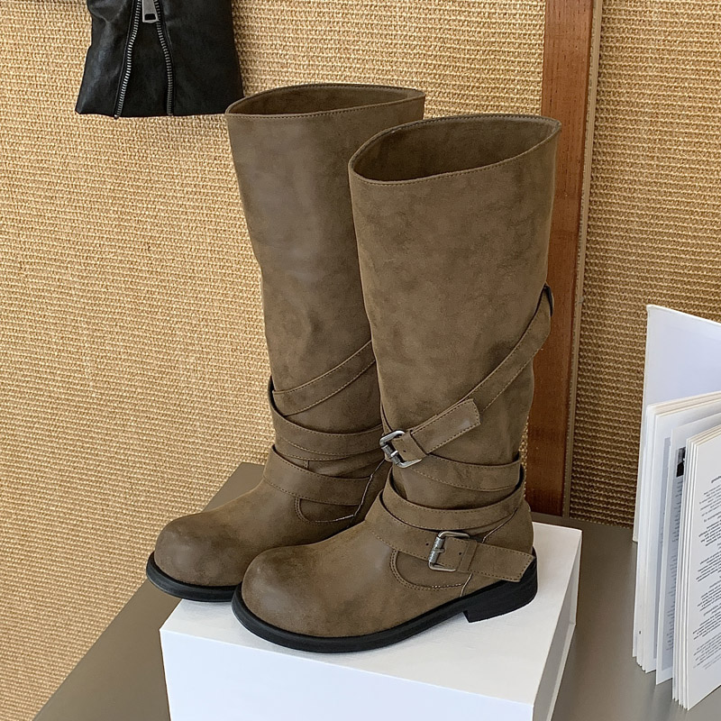 Winter Fashion Women Boots - Eilyken ดีไซน์ใหม่ หัวเข็มขัดแบบต่อสี รองเท้าบูทสูงถึงเข่าสำหรับผู้หญิง แฟชั่นหัวมน ส้นเตี้ยทรงเหลี่ยม