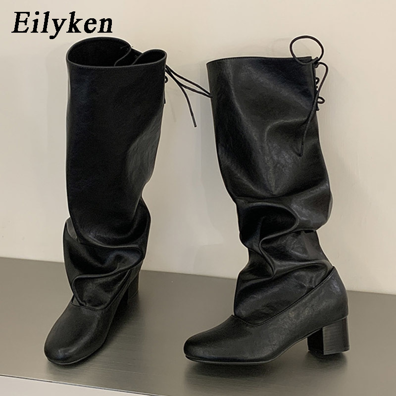 Winter Fashion Women Boots - Eilyken 2027 แฟชั่นฤดูหนาวใหม่ รองเท้าบูทผู้หญิงหุ้มข้อทรงกลมแบบผูกเชือก ส้นเหลี่ยม รองเท้าบูทยาว