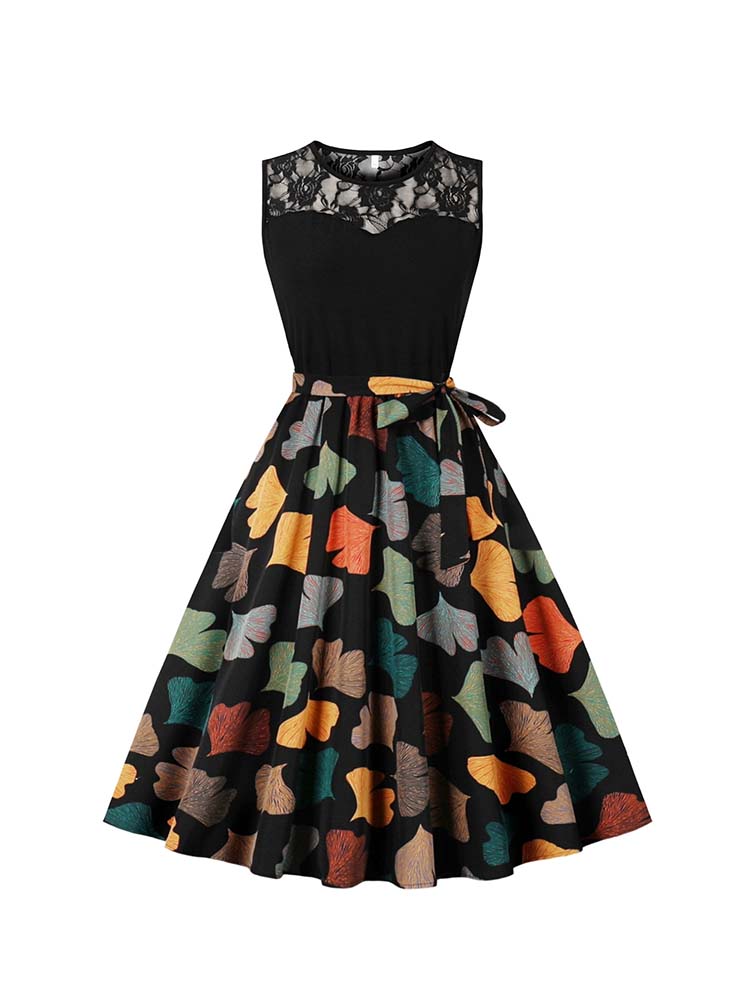 Women'S Fashion In The 50S - ผู้หญิงวินเทจ 50s Midi ชุดเดรสลูกไม้พิมพ์ลายดอกไม้แขนกุดเอวสูงแฟชั่นฤดูร้อนที่หรูหรา