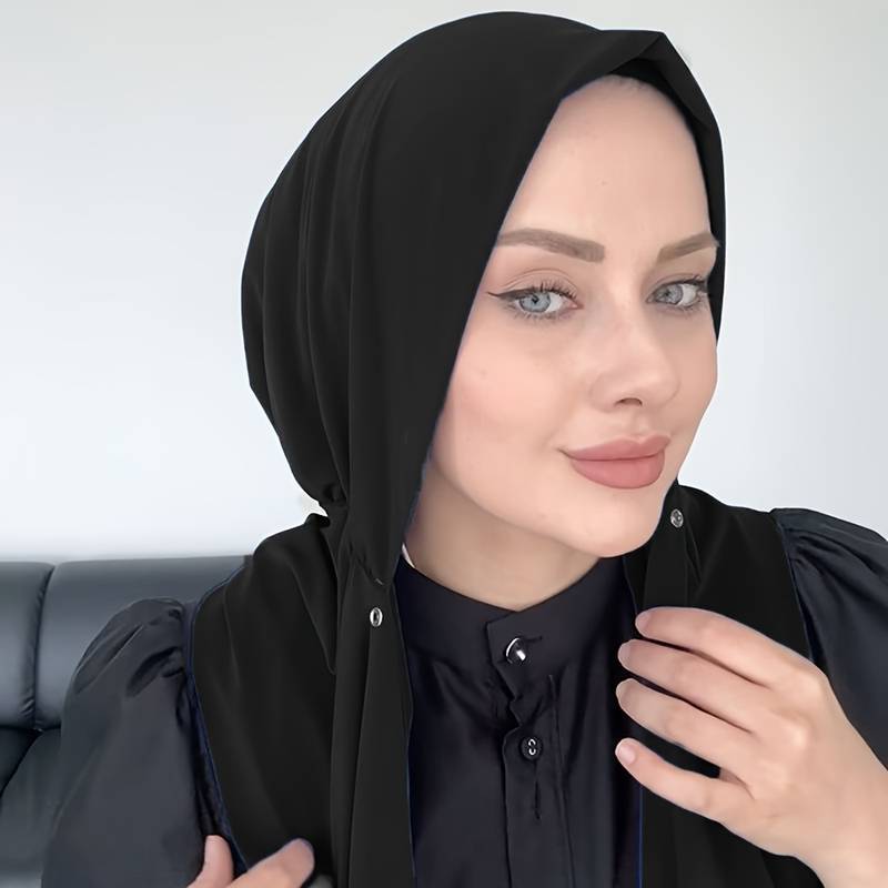 Women Fashion Simple - หมวกผ้าคลุมศีรษะแบบเรียบง่าย สีพื้น สำหรับชาวมุสลิม พร้อมกระดุมแป๊ก ผ้าคลุมบาวโตวในตัว ผ้าก๊อซกันฝุ่น