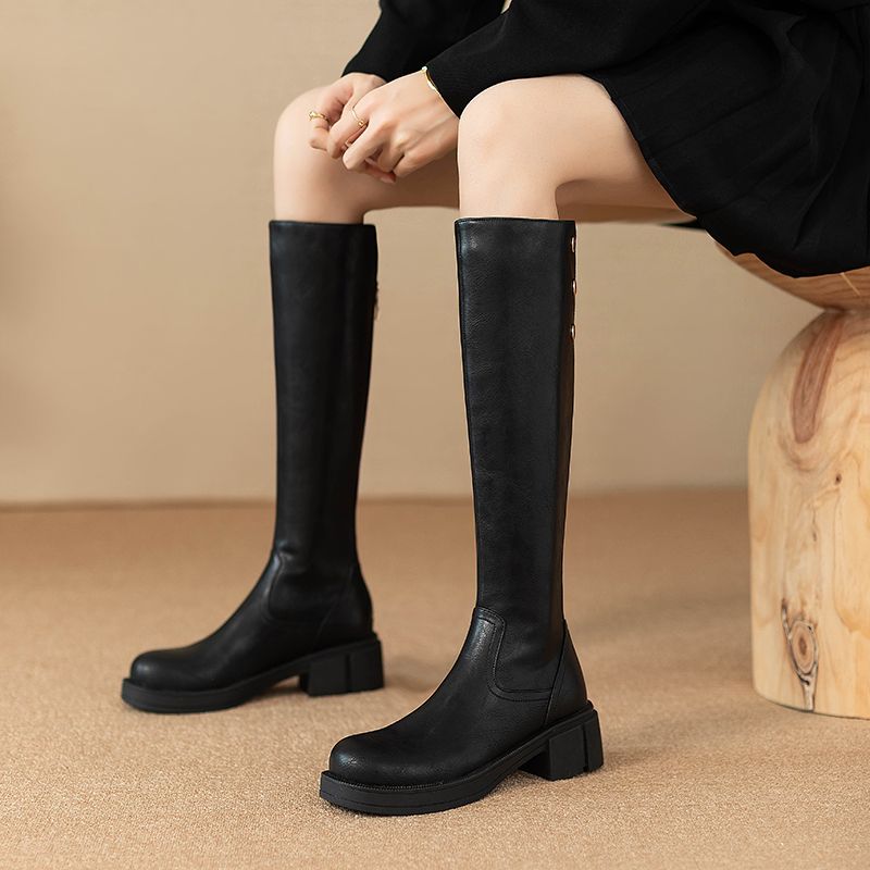 Women'S Fashion Winter 2025 - รองเท้าบูทผู้หญิงทรงสูงถึงเข่า ส้นกลาง สำหรับฤดูใบไม้ร่วงและฤดูหนาว กันน้ำ ผลิตจากหนัง PU