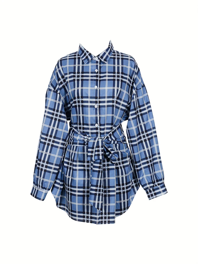 Belted Shirt Dress - เดรสเชิ้ตลายสก็อตผู้หญิง เอวสูงยางยืด ผูกเอว ทรงหลวม ติดกระดุม เดรสเชิ้ตลำลองทรงโอเวอร์ไซส์