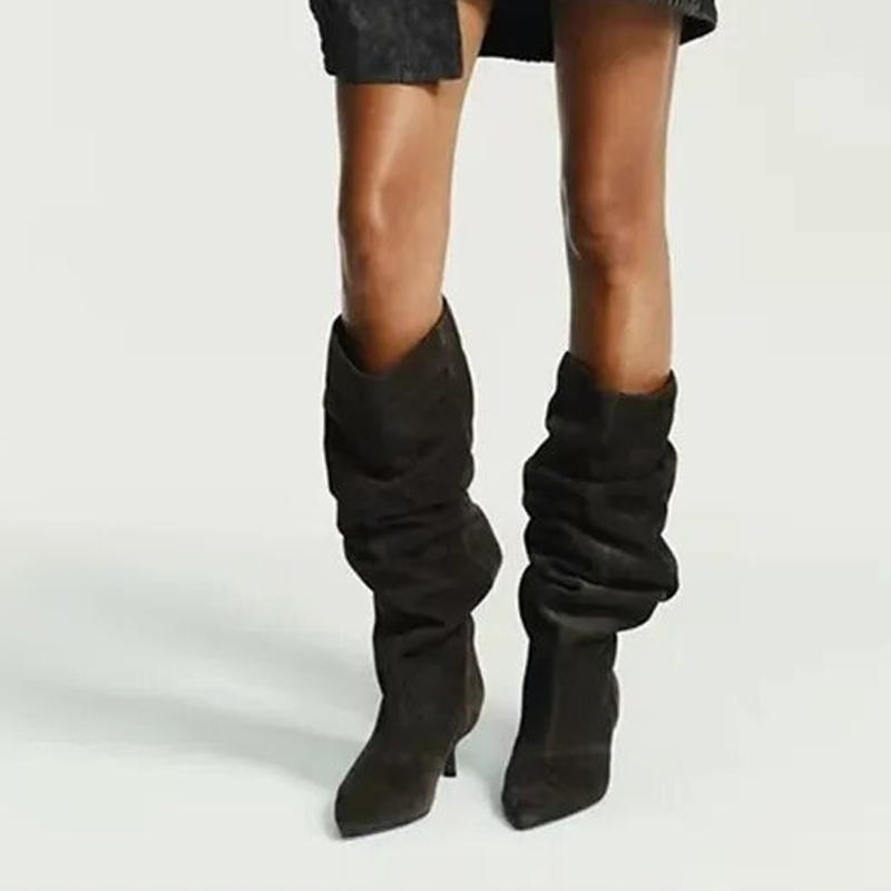 รองเท้าบูทสูงถึงเข่าแบบจีบหนัง - Winter Fashion Women Boots บทวิจารณ์และราคา